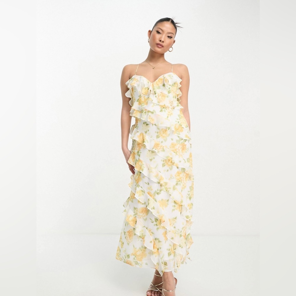 ASOS Ever New Petite ruffle maxi dress in yellow floral size 4